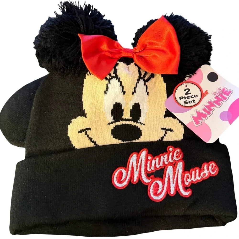 NWT Disney Minnie Mouse Kids Beanie Hat and Gloves Set Black 2-5T